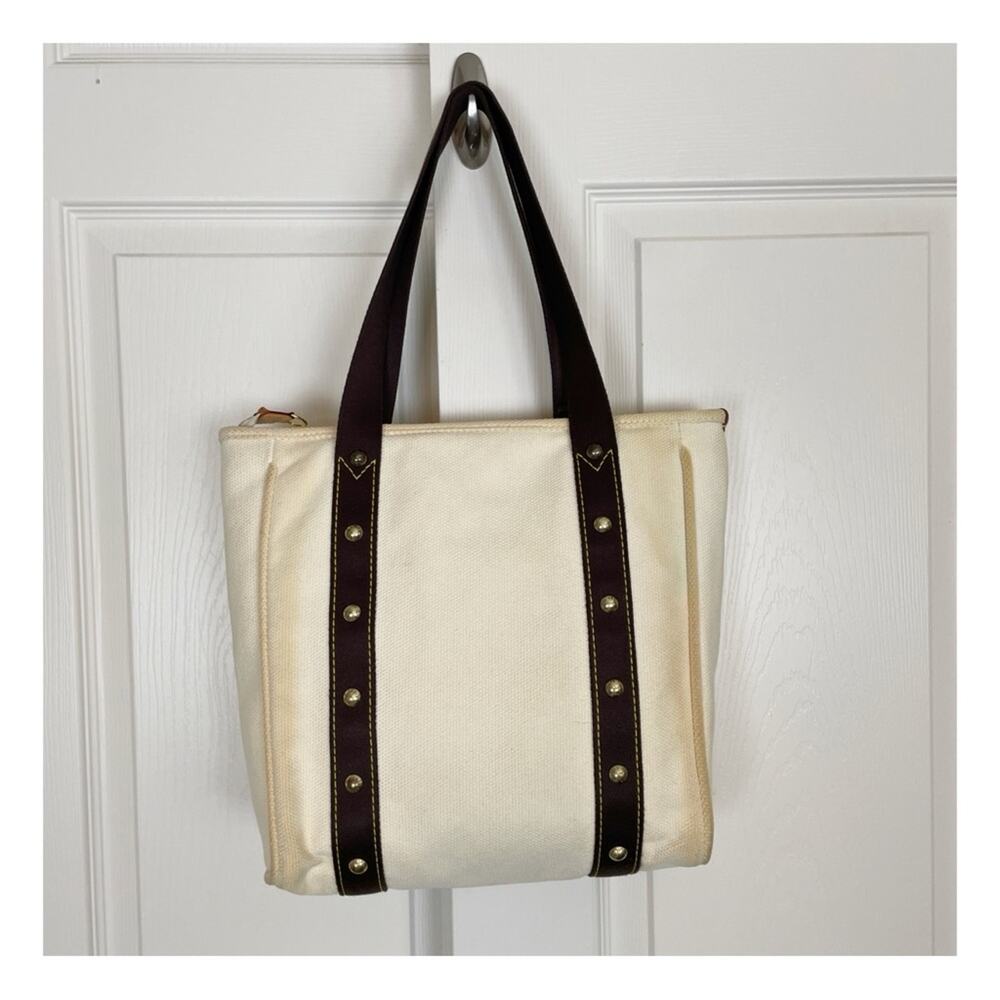 Louis Vuitton Antigua Cabás MM Canvas Tote Bag Cream Brown Trim Brass Rivets - Picture 6 of 12